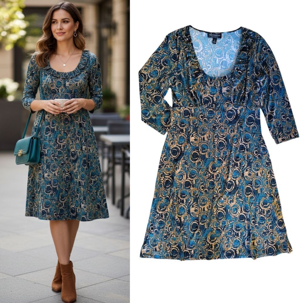 Y2K Teal Gold Scroll Print Midi Flare Dress Plus 14 w/ Qrtr Sleeve Boho Chic